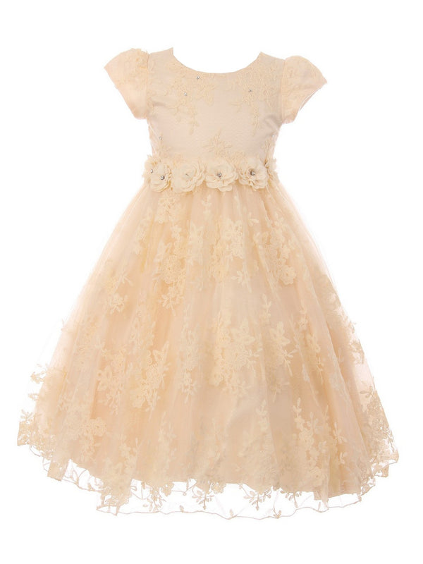 Big Girls Champagne French Chantilly Lace T-Length Junior Bridesmaid Dress 8-12 - SophiasStyle.com